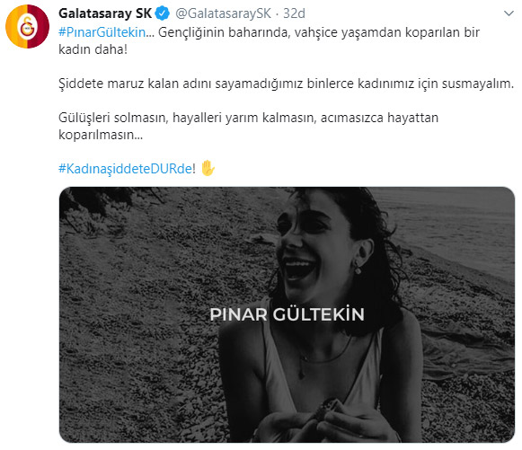 Galatasara'dan Pınar Gültekin cinateyine tepki!